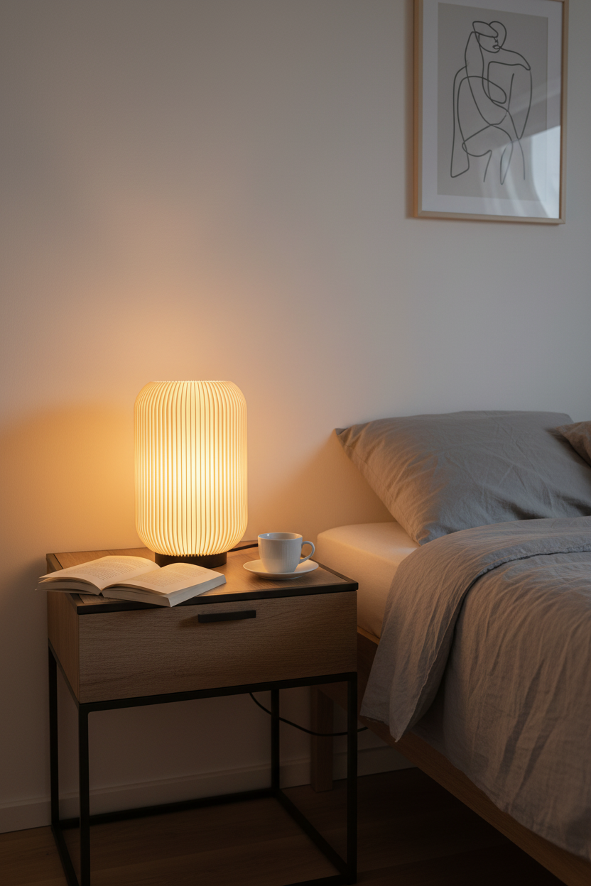 Lámpara Lumora Twist en dormitorio con ropa de cama de lino