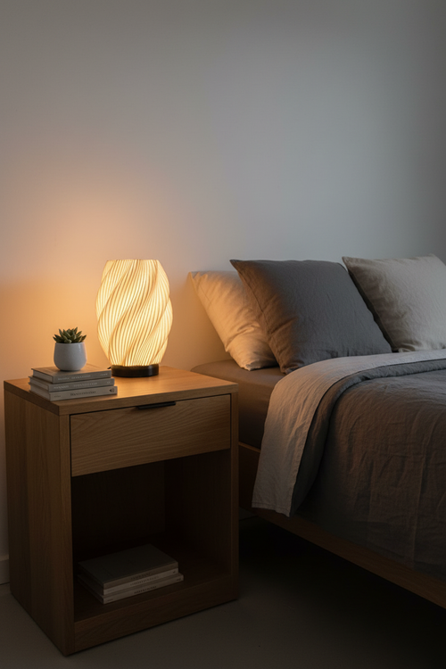 Lámpara Lumora Spiral en dormitorio con ropa de cama de lino