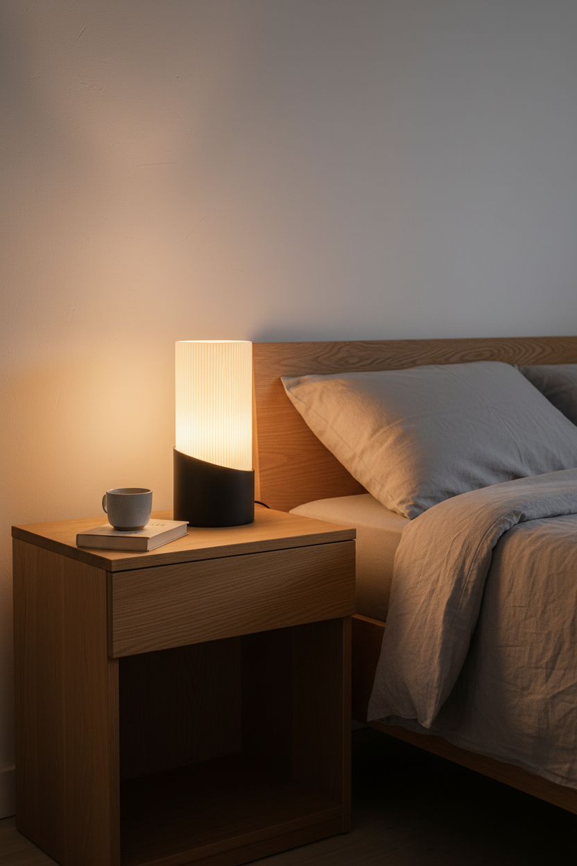 Lámpara Velvet en dormitorio con ropa de cama de lino