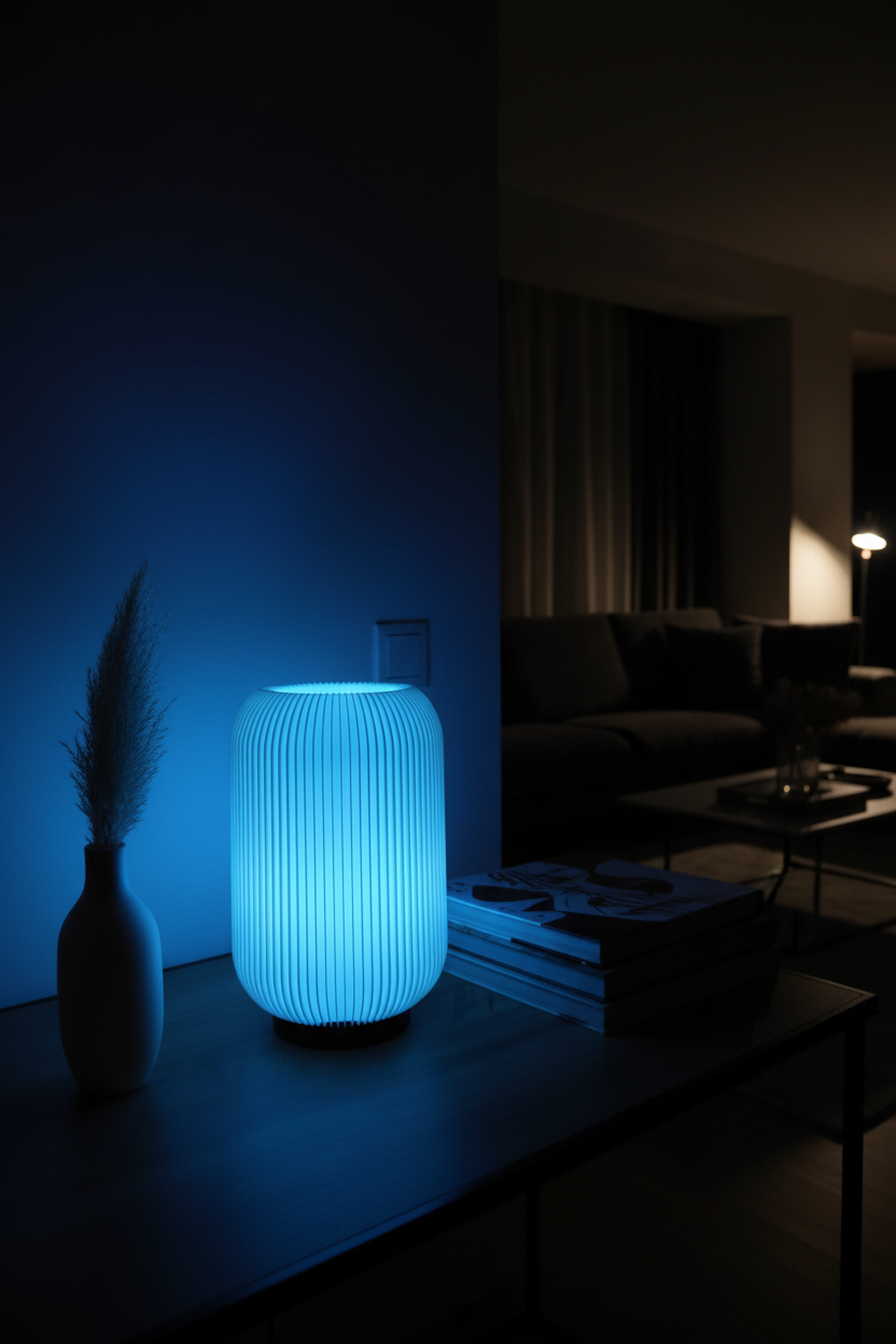 Lámpara azul encendida en un living moderno durante la noche