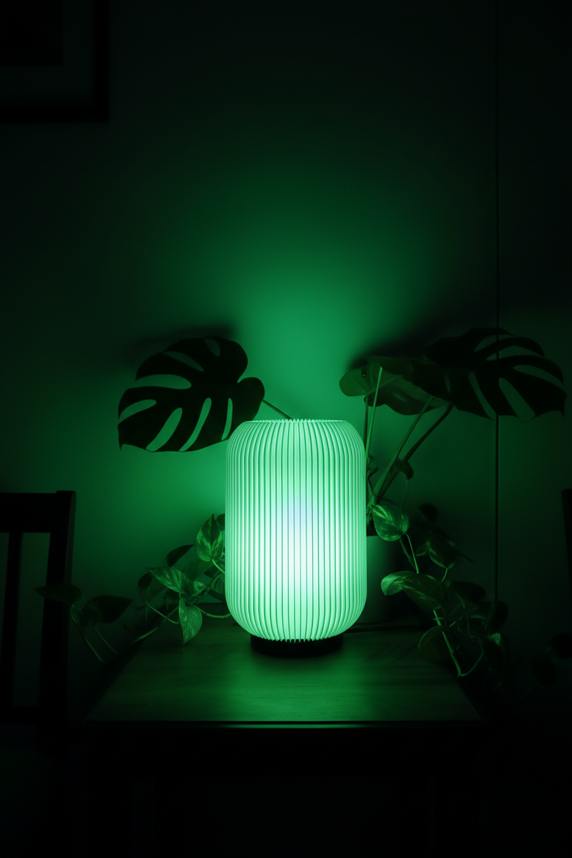 Lámpara verde encendida junto a plantas durante la noche