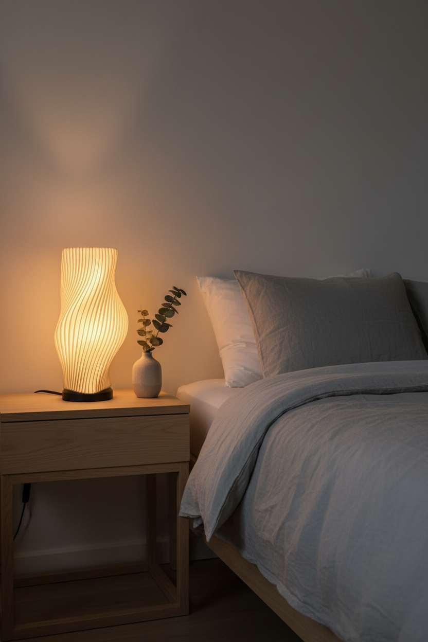 Lámpara Nebula en dormitorio con ropa de cama de lino