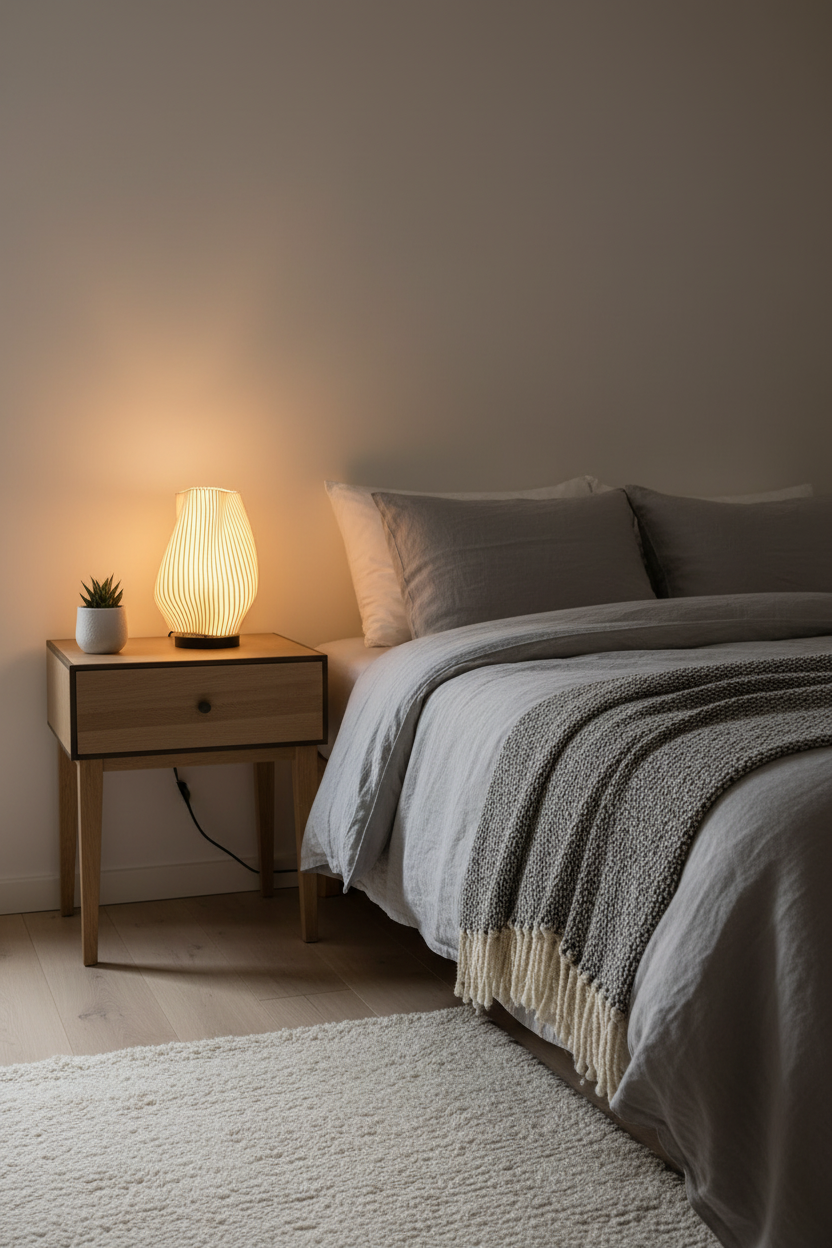 Lámpara Lumora Wave en dormitorio con ropa de cama de lino