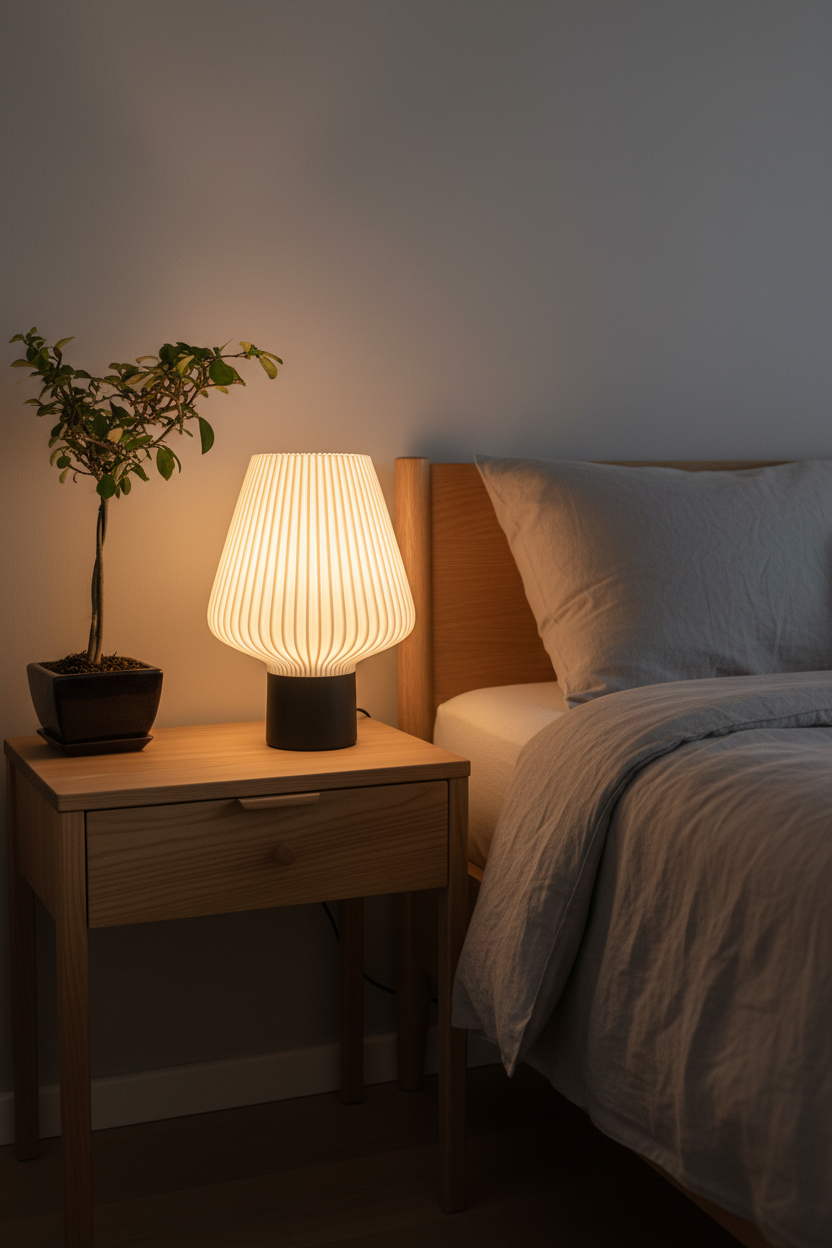 Lámpara Perla en dormitorio con ropa de cama de lino