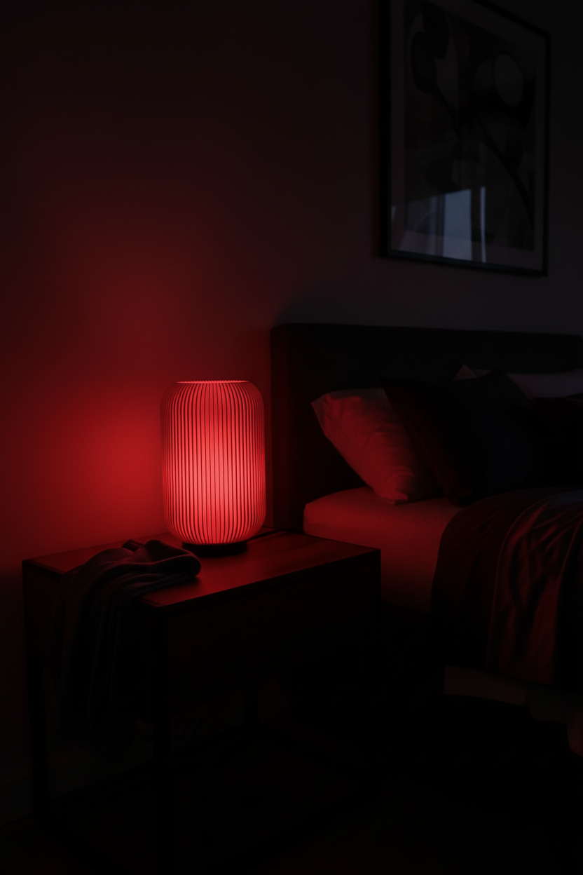 Lámpara roja encendida en un dormitorio elegante durante la noche